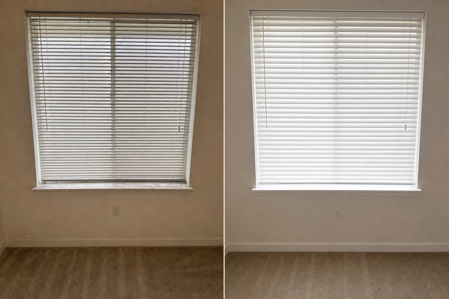 Before and after pair of dusty blinds and a cleaned window sill