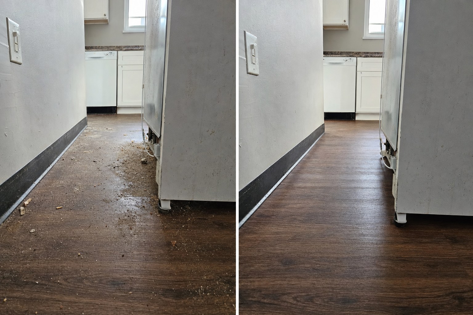 Before and after pair showing the floor behind a pulled-out refrigerator
