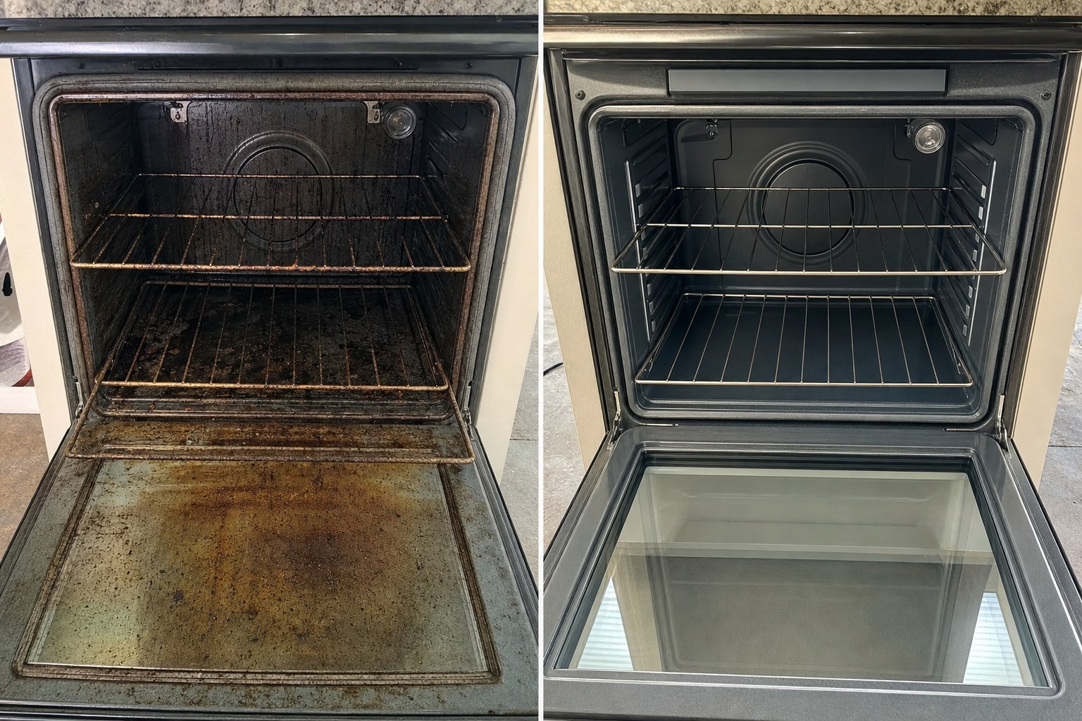 Before and after pair of a greasy oven interior and the same oven fully cleaned