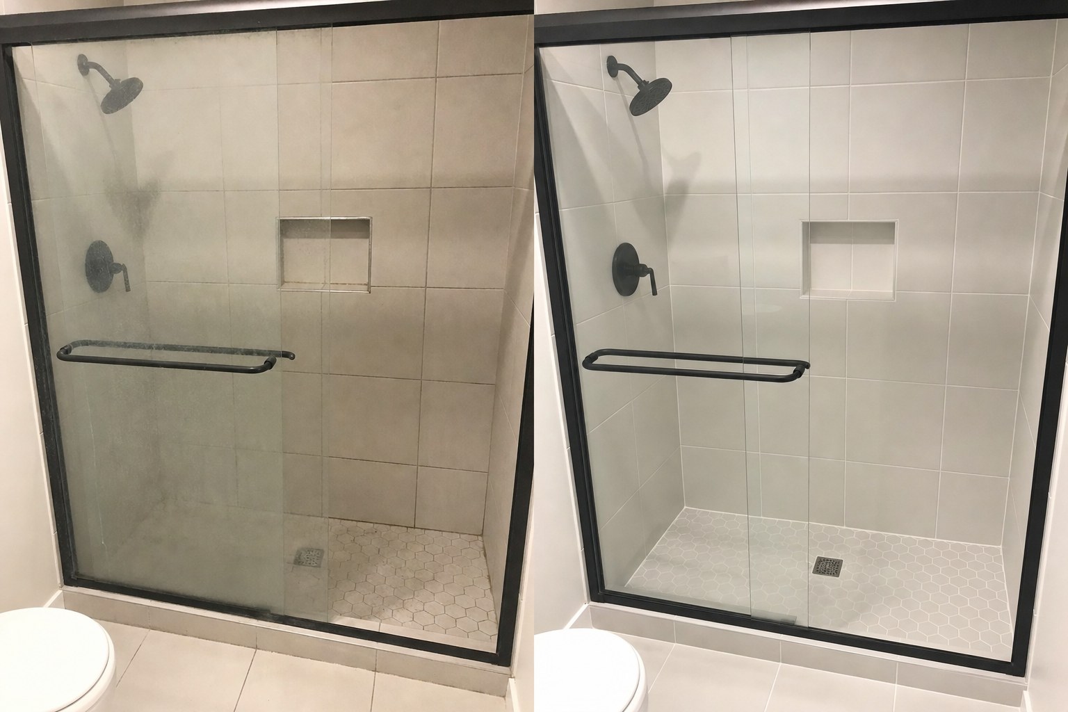 Before and after pair of shower grout and glass door tracks