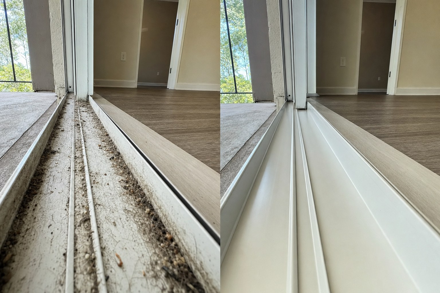 Before and after pair of a dirty sliding door track and the same clean track