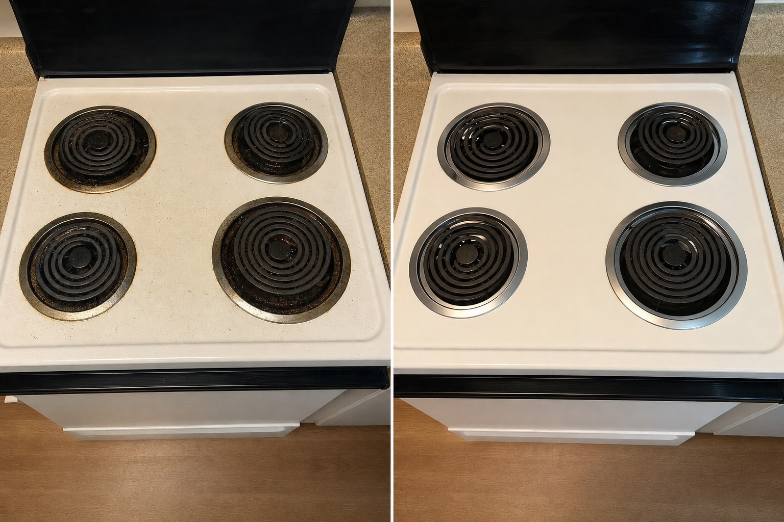Before and after pair of stovetop drip pans and coil wells