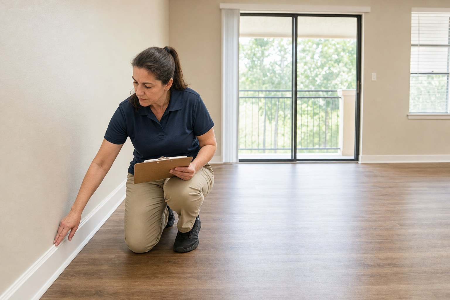 Cleaner inspecting a baseboard in an empty rental